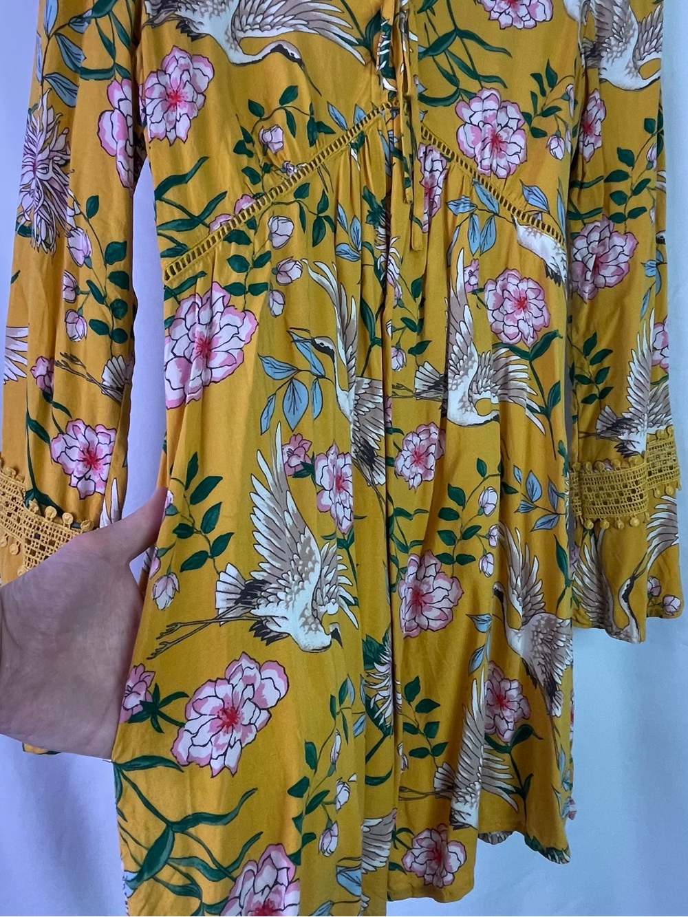 Xhilaration Yellow Boho Mini Dress with Pink Flowers & Cranes Size Small - Picture 5 of 15